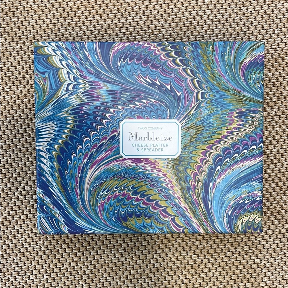 Two's Company Marbleize Cheese Platter & Spreader - Blue and Gold - NWOT
